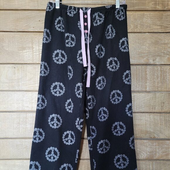 PJ SALVAGE 100% COTTON FLANNEL PJS BLACK & WHITE PEACE SIGNS BOTTOMS ONLY SIZE M - Picture 1 of 12